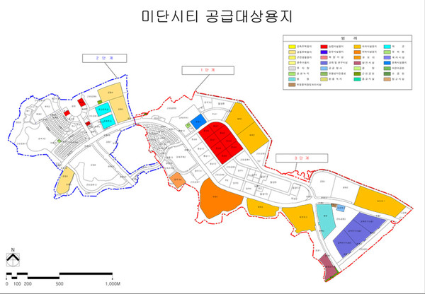 인천 영종도 미단시티의 토지공급현황. 색깔이 입힌 필지들이 미매각 토지다. (사진=인천도시공사)