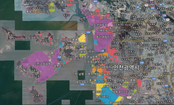 매립(색깔 표시) 후 인천. (사진=인천시 지도포털)