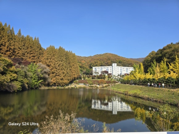 명수당 맑은 물에 비친 울창한 숲과 하얀 캠펴스 모습(사진=김호선기자)